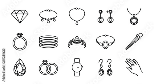 фотографія Collection Of Jewelry Icons Including Diamond Necklace Bracelet Crown And Watch