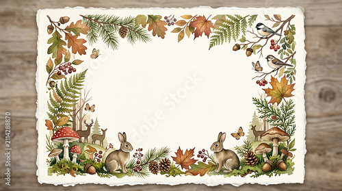 Forest animal watercolor border with woodland creatures