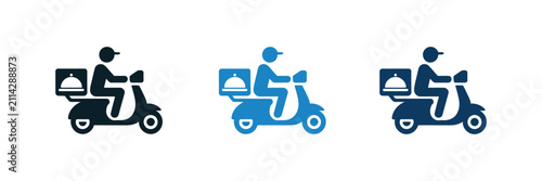 Quadro su tela Food delivery courier riding scooter icon in blue shades featuring fast service