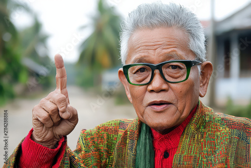 Elder portrait storytelling gesture finger Asian village eyeglass elder portrait storytelling gesture finger raised, Asian villager wearing