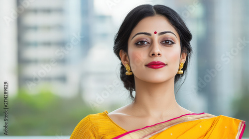 Portrait young woman traditional attire sari bindi urban jewelry yellow Indian female wearing sari and bindi with calm expression against blurred