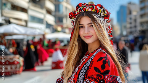 Portrait, young woman, traditional attire, red dress, headdress, city market scene with calm smile in outdoor urban street