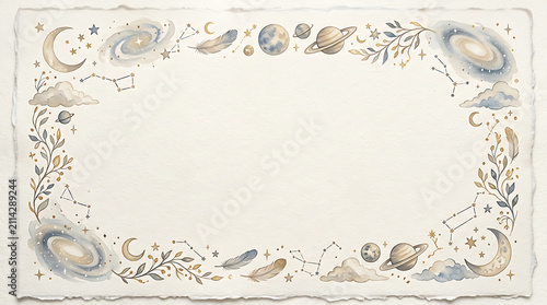 Watercolor celestial border frame with planets and galaxies