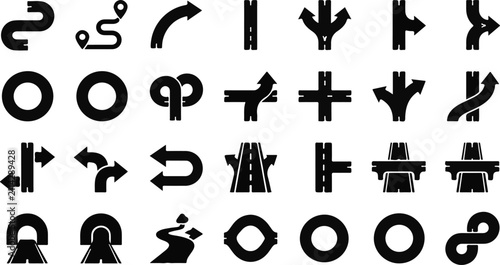 Set of black road icons showing various intersection types and traffic flow patterns on a white background