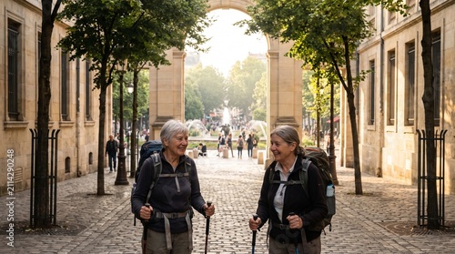 Senior female friends hiking through historic city street