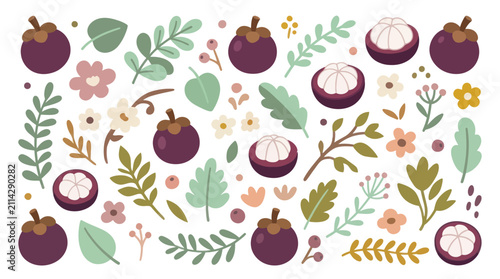 Foto Seamless pattern with whole and sliced mangosteen tropical fruits