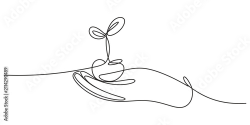 Konstfotografi Continuous single line drawing of a small plant sprout held in human hand