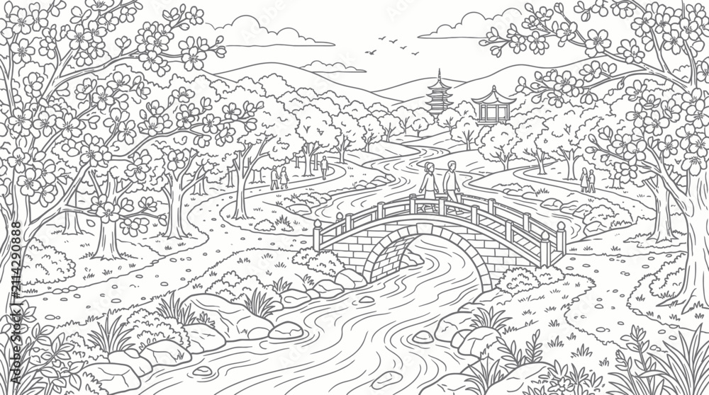 Fototapeta premium Scenic stone bridge over river line art.