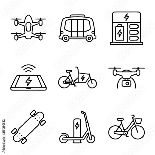 Set of futuristic electronic urban transportation and delivery technology vector icons