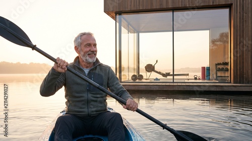 Smiling senior man kayaking on calm lake during sunrise
