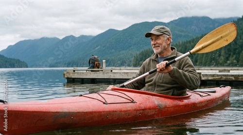Happy mature man paddling red kayak on mountain lake