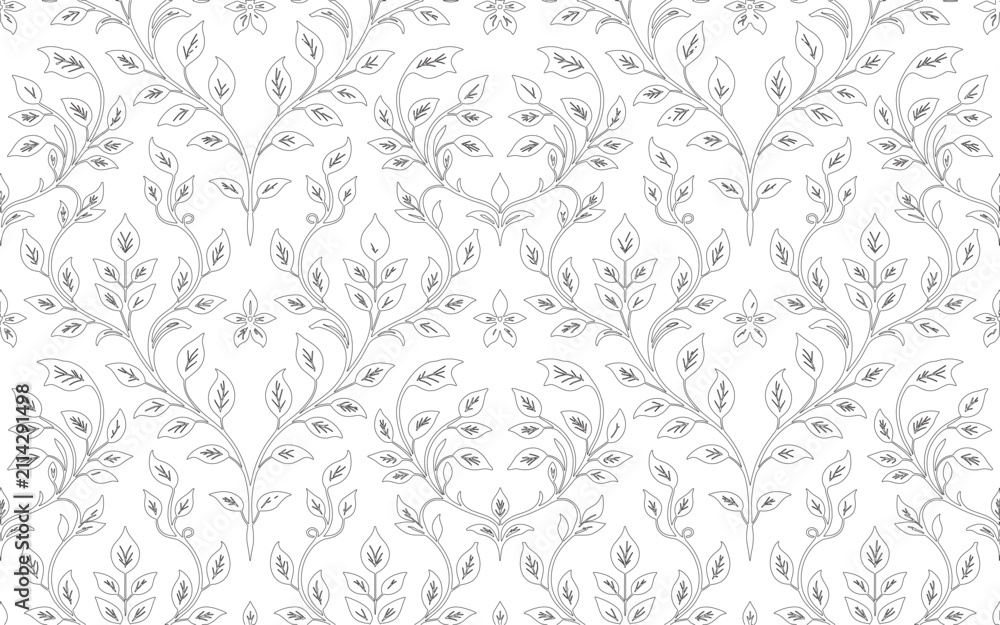 Fototapeta premium Delicate botanical vine pattern with symmetrical floral elements in black ink on white background
