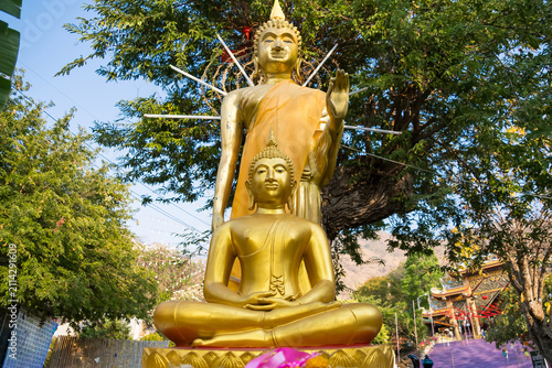 Golden Buddhas in Meditation: Two serene golden Buddha statues, one seated in meditation and the other standing, are bathed in sunlight against a backdrop of lush greenery and a clear blue sky.