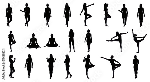 Active Women and Female Yoga Fitness Silhouettes in Sport Poses