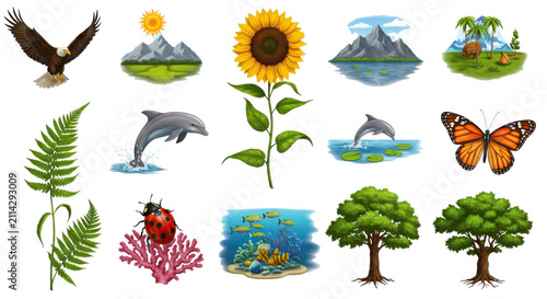 Natural Ecosystem Collection Featuring Wild Animals, Sunflowers, and Green Trees