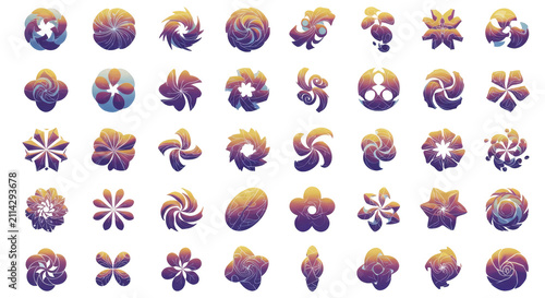 Colorful Abstract Floral Badges, Geometric Blooms, and Gradient Flower Icons