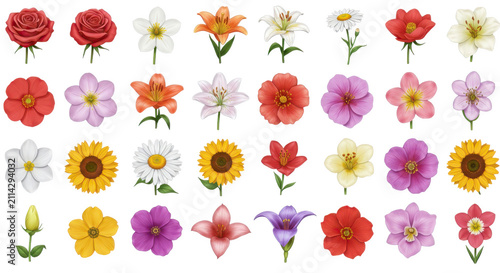 Assorted Flower Blossom Icons Featuring Roses, Daisies, and Colorful Petals