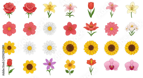 Assorted Spring Flower Blossoms, Colorful Petals, and Botanical Bloom Icons
