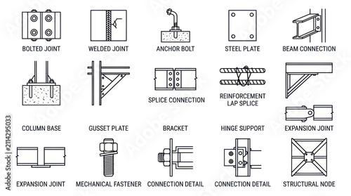 Cuadro en lienzo Structural engineering connection and joint technical icons.