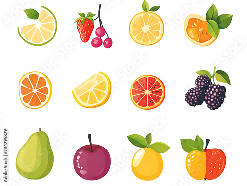 Flat vector illustration of fresh colorful fruits collection isolated on white background