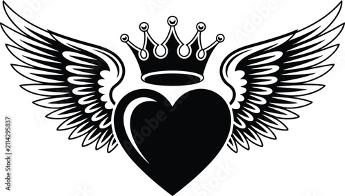 Foto Black heart with wings and crown graphic symbol for love and royalty in clean de
