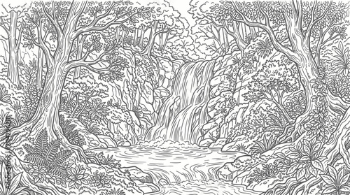 Tropical jungle waterfall hidden in dense foliage coloring page