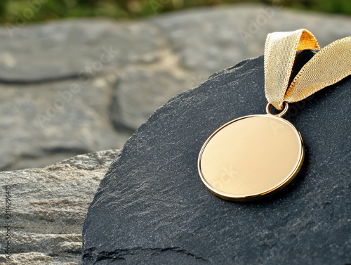 Medal, ribbon, gold, award, stone, slate medal with ribbon displayed on dark rock outdoors, close up prize concept
