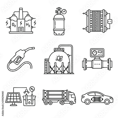 Hydrogen energy linear icons set. Green fuel technology, renewable energy source, production, storage, transportation and usage thin line vector illustrations