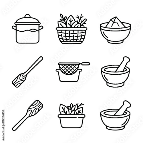 Vector outline icon set of cooking and kitchen utensils, pot, basket, bowl, wooden spoon, strainer, and mortar with pestle for culinary design