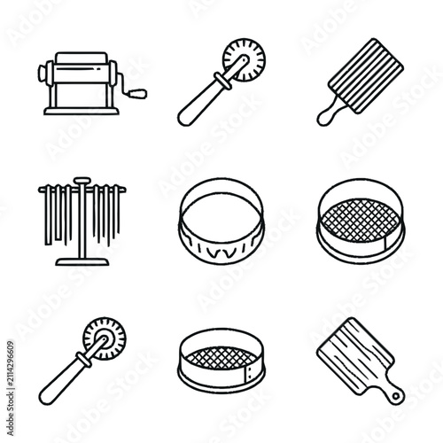 Pasta making tools outline vector icons set