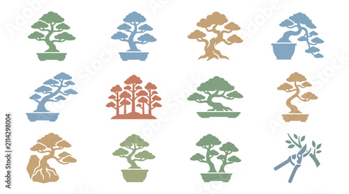 Colorful Bonsai Tree Icons Set.