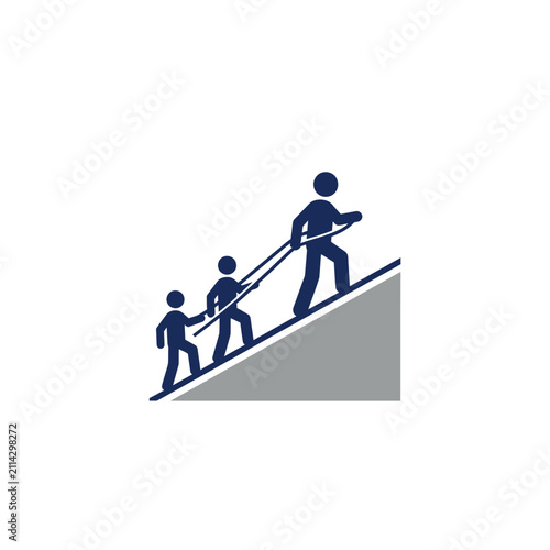 A group of people climbing up a steep hill together as a team