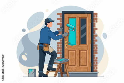 Professional Painter Renovating a Wooden Door with a Roller Brush