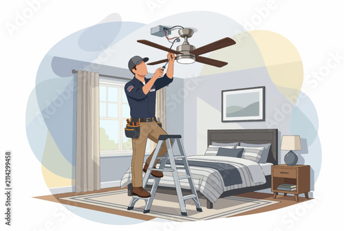 Professional Handyman Installing Ceiling Fan in Modern Bedroom