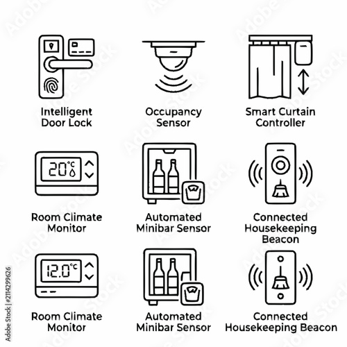 Canvas Print Line art icon set featuring hotel automation technology such as intelligent door