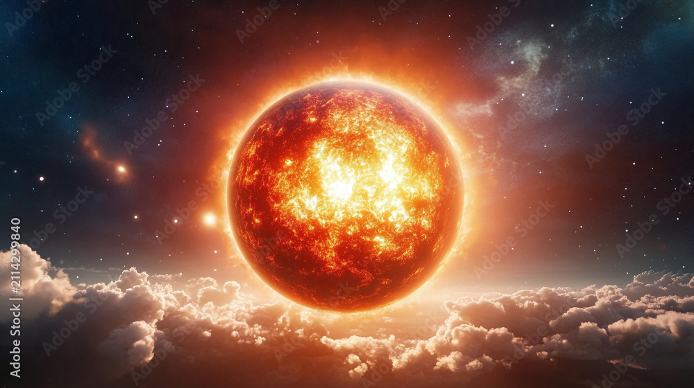 Fototapeta premium Majestic Glowing Sun Bursting with Energy in a Dark Starry Cosmic Sky above Dreamy White Clouds