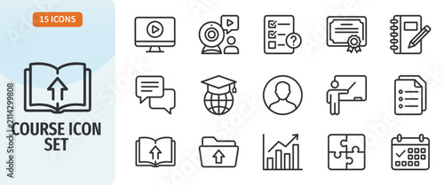 Set of 15 thin line vector icons for online education, elearning, and digital courses includes symbols for video lessons, webinars, certification, assignments, student progress, and study materials