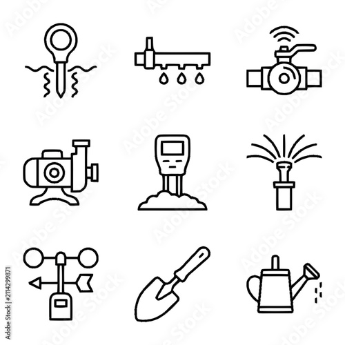 Set of Linear Icons for Irrigation and Garden Maintenance Equipment Including Smart Watering Systems and Gardening Tools for Professional Landscapes