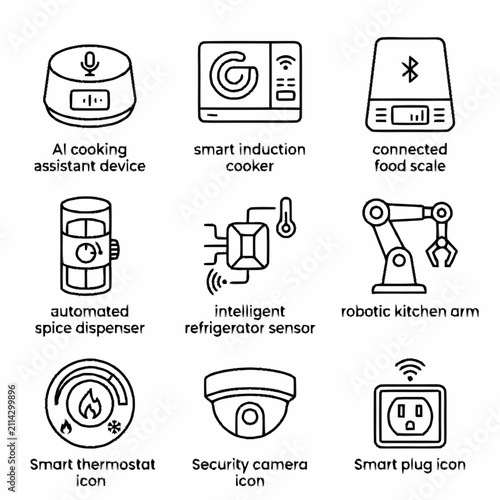 Set of minimalist line icons representing smart home and intelligent kitchen technology for editorial use
