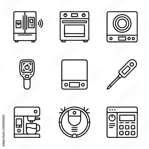 Set of Linear Kitchen and Household Appliance Icons Featuring Smart Fridge Oven Induction Cooktop Digital Thermometer Coffee Maker and Robot Vacuum