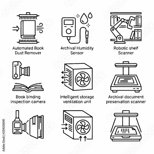 Set of linear icons for library and archival preservation technology including book dust remover and scanners for EDITORIAL USE ONLY
