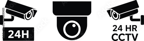 Fotografie CCTV security warning sign collection, 24 hour surveillance camera symbols with monitoring, recording alerts and safety notice icons for public and private areas