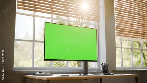 Desktop Monitor Green Screen Mockup – Static Seamless Loop with Moving Trees in Bright Sunlit Office - Perspective Shoot