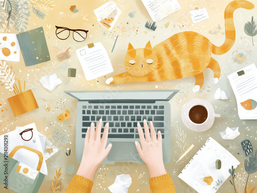 messy desk with hands typing on a laptop, an orange tabby cat stretching beside the computer, scattered papers, coffee cup, glasses, and pizza slice. Ideal for remote work, productivity, and creative 