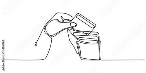Foto One line drawing of a hand putting a credit card into a leather wallet