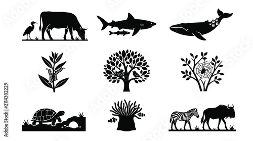 Black silhouettes of various wild animals.