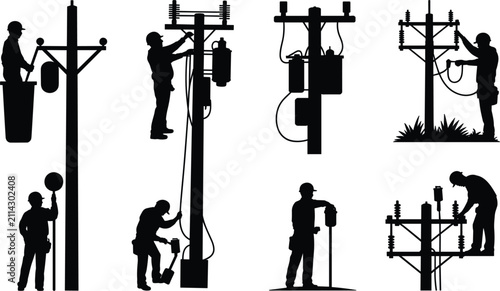 Electric utility linemen workers, power line maintenance technician silhouette collection for electrical infrastructure service operations