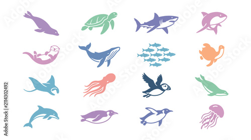 Colorful ocean animals stickers set.
