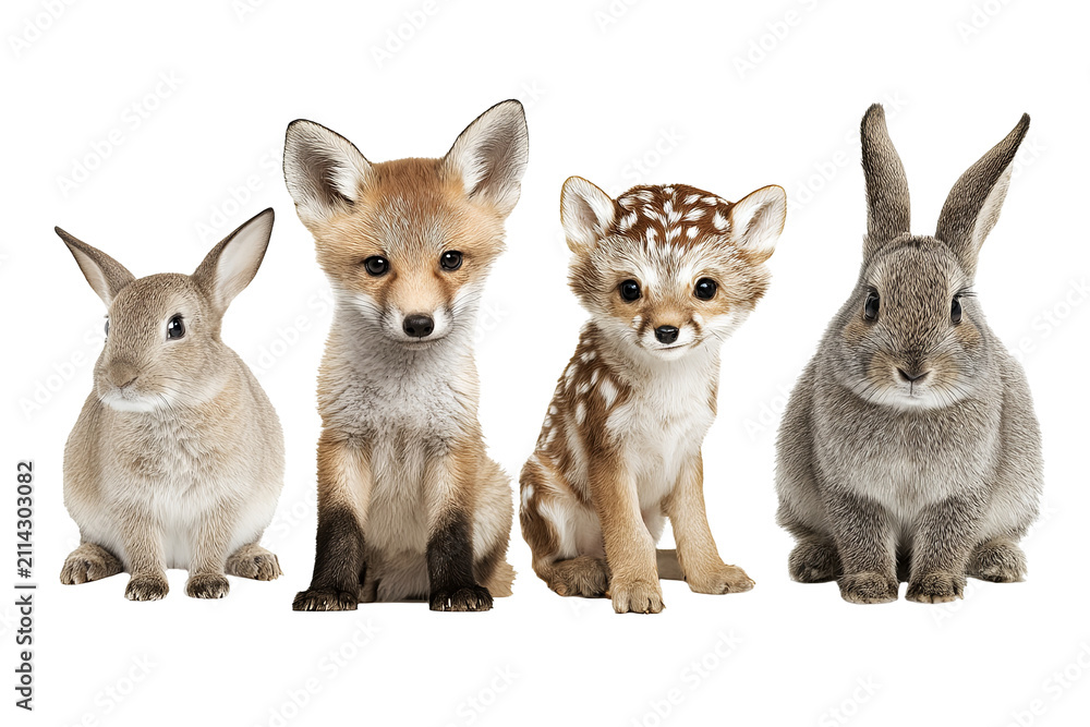Fototapeta premium Woodland baby animal collection isolated on transparent background, cute forest wildlife PNG cutout set