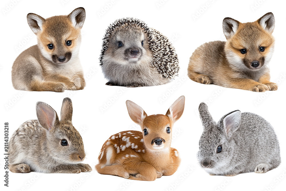 Fototapeta premium Woodland baby animal collection isolated on transparent background, cute forest wildlife PNG cutout set